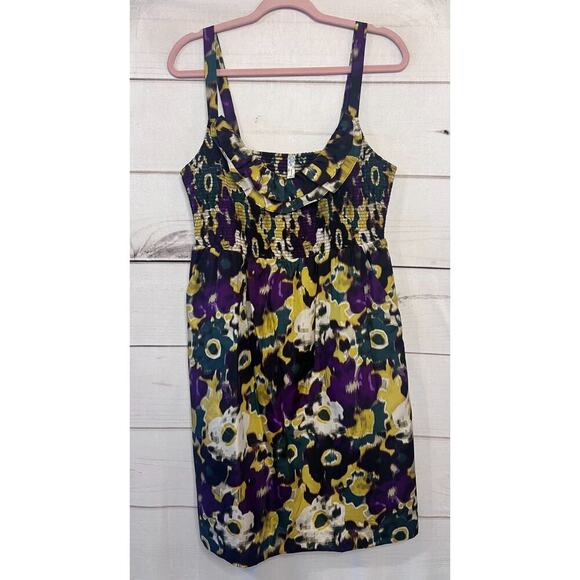 Maeve Dress Size LG Purple Yellow Green Pockets Smocked Sleeveless - Picture 1 of 7